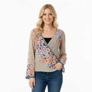 MOON Collection boho sheer floral bell sleeve top